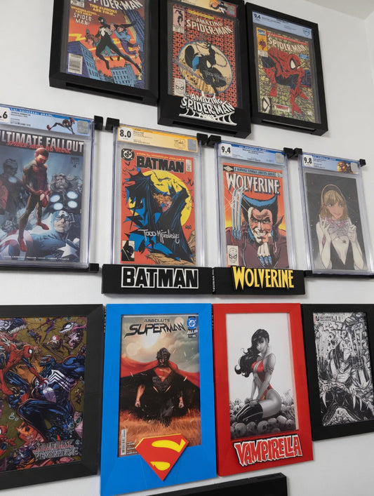Wall of graded and raw comics in 3D printed 4K Legends comic displays, some with modular logos